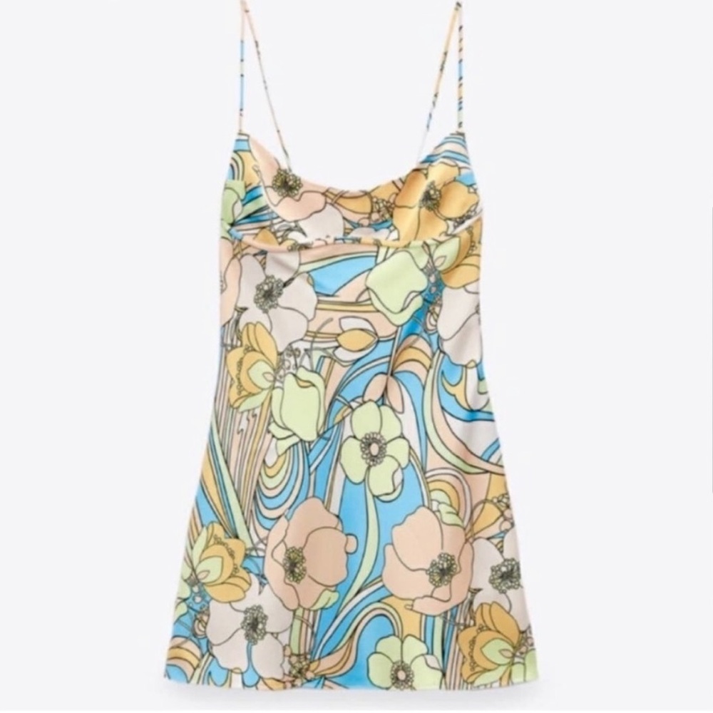 ZARA Satin Floral Mini Dress 70s Psychedelic Cowl Neck NWT - Picture 3 of 8